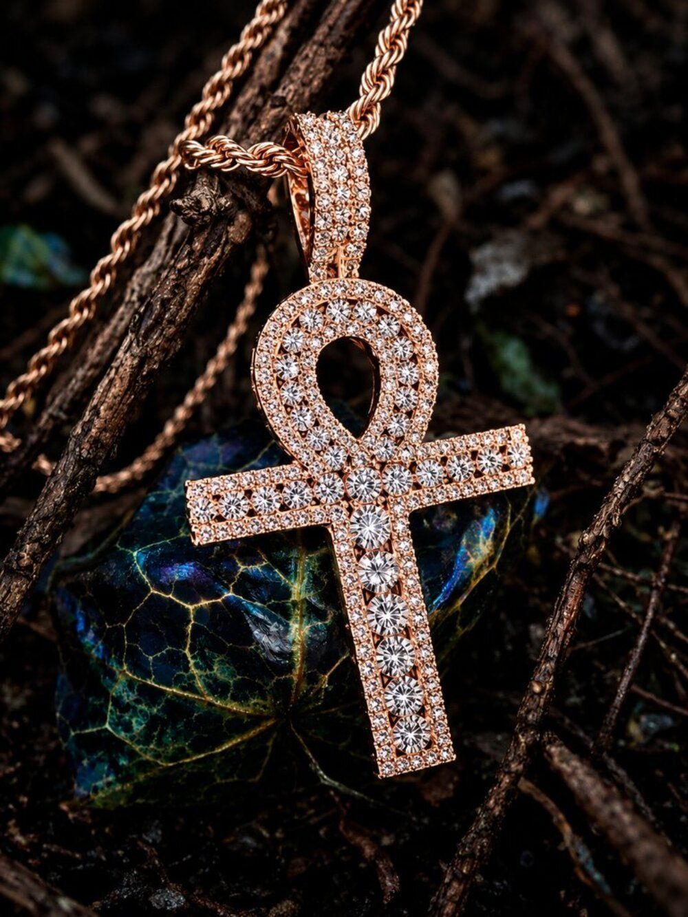 Rose Gold Channel Set Ankh Necklace